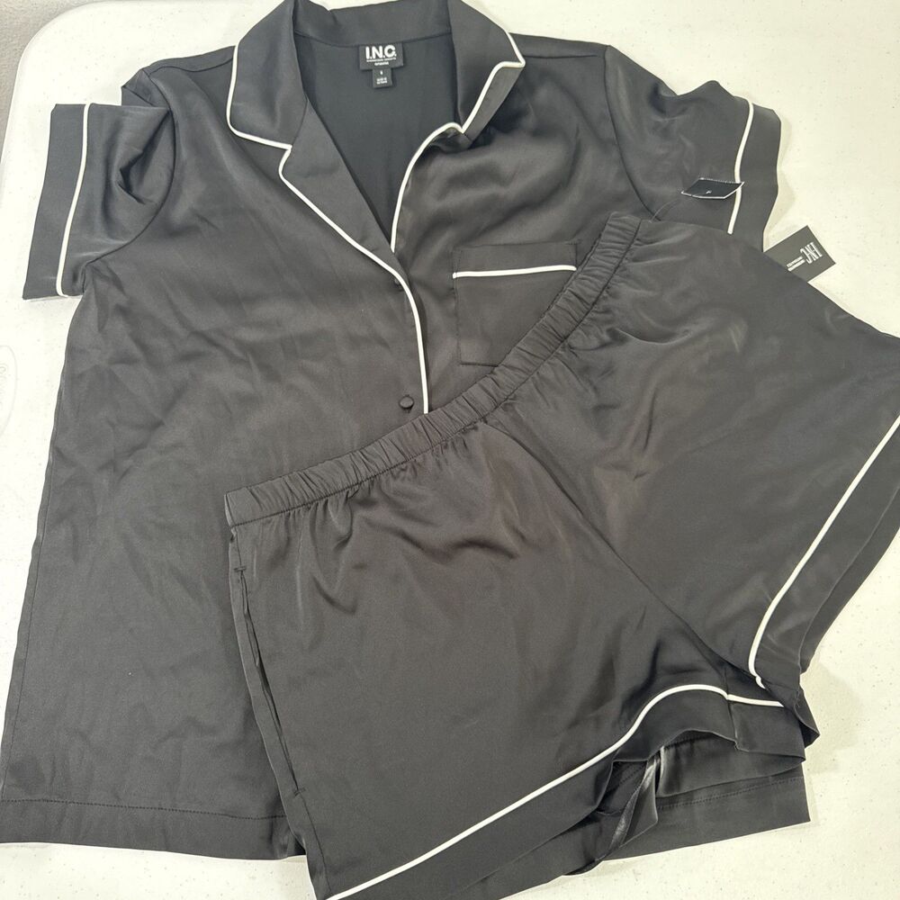 INC Pajama Womens Black Satin Short Sleeve Paj ama Set